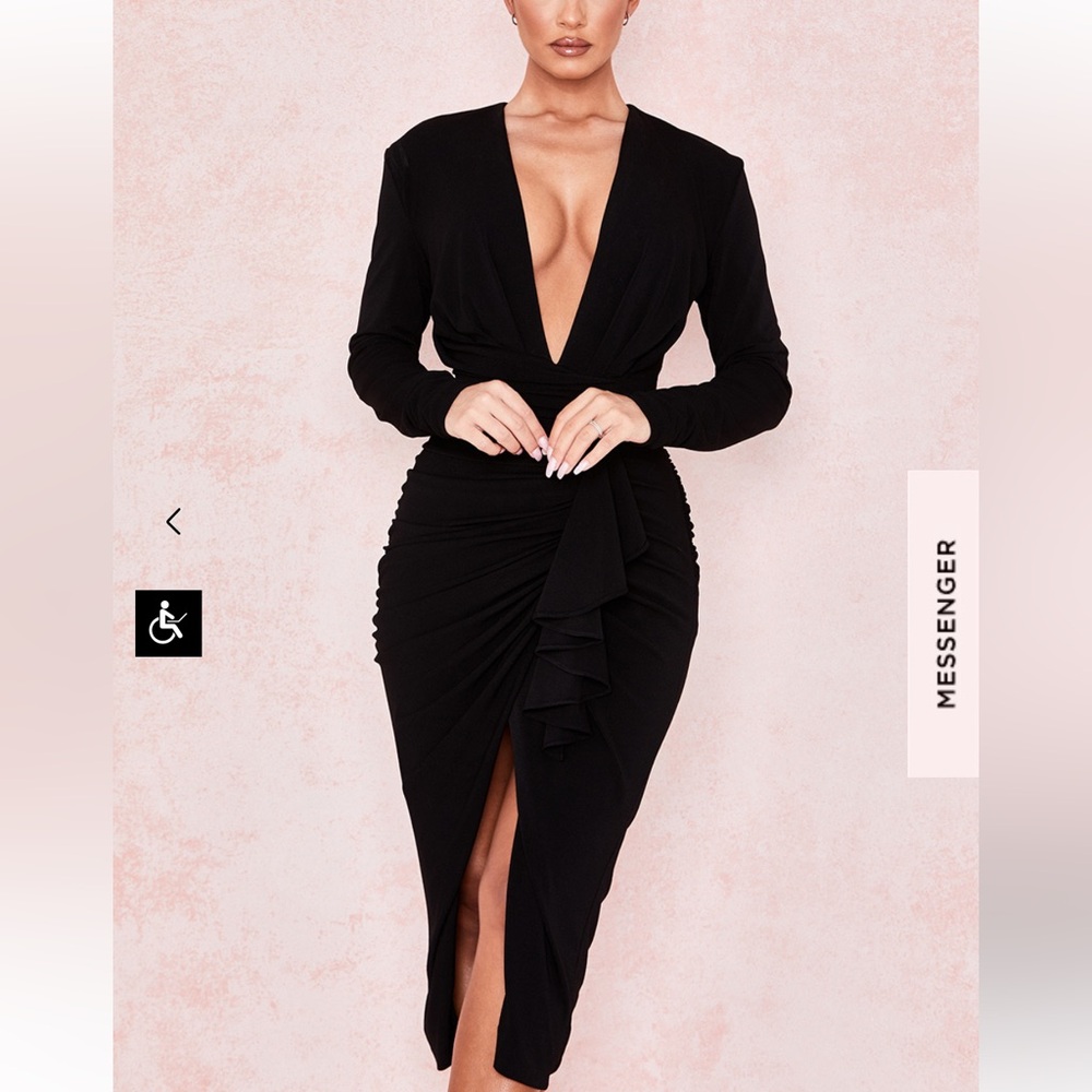 MIRA BLACK DEEP PLUNGE MIDI DRESS - Picture 4 of 15